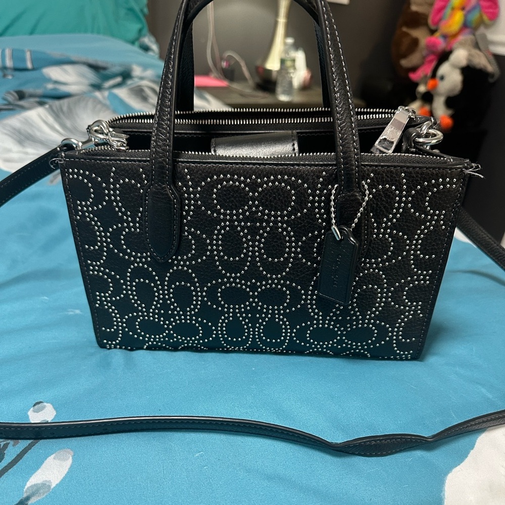 Coach Black Crossbody Bag with Silver Studs and matching wallet